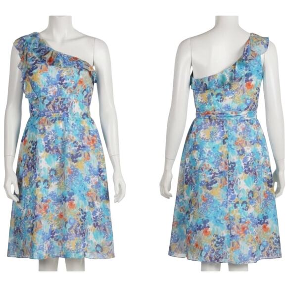 Tahari Womens Dress Size 12 Blue Floral Printed One Shoulder Colorful Flowy - Picture 1 of 7